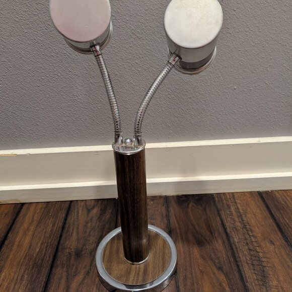 Vintage MCM Double Gooseneck Desk Table Lamp Aluminum Woodgrain 3 way Switch - Picture 13 of 14